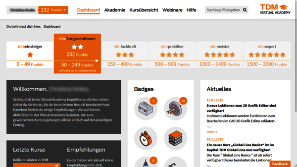 Herzstück der Virtual Academy ist das personalisierte Dashboard: Hier sieht der Nutzer auf einen Blick, welche Kurse und Lektionen er bereits besucht hat.