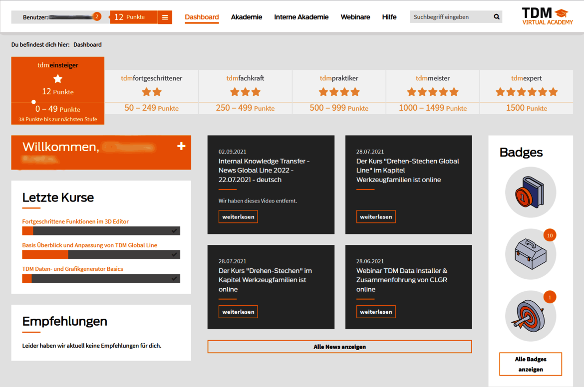 TDM Virtual Academy - Dashboard