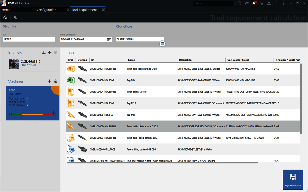 Screen view TDM Shopfloor Manager Global Line - Production Organization Tools - Tool Requirements Calculation.