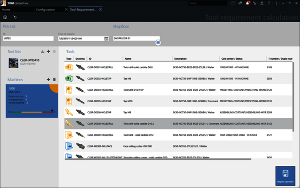 Screen view TDM Shopfloor Manager Global Line - Production Organization Tools - Tool Requirements Calculation.