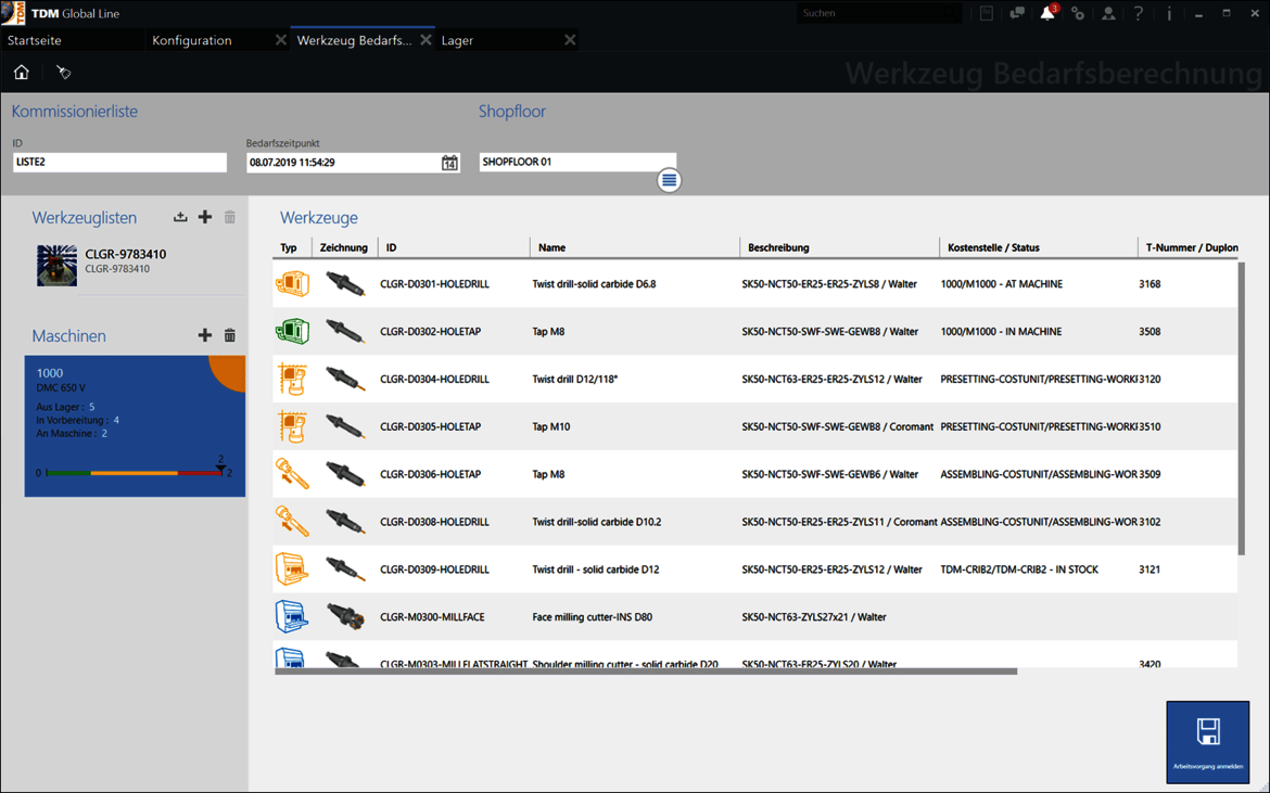 Bildschirmansicht TDM Shopfloor Manager Global Line - Fertigungsorganisation Werkzeuge - Werkzeug Bedarfsberechnung.