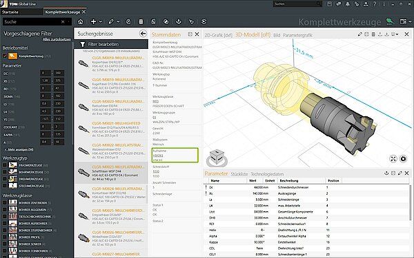 Stammdaten Komplettwerkzeug in TDM Global Line.