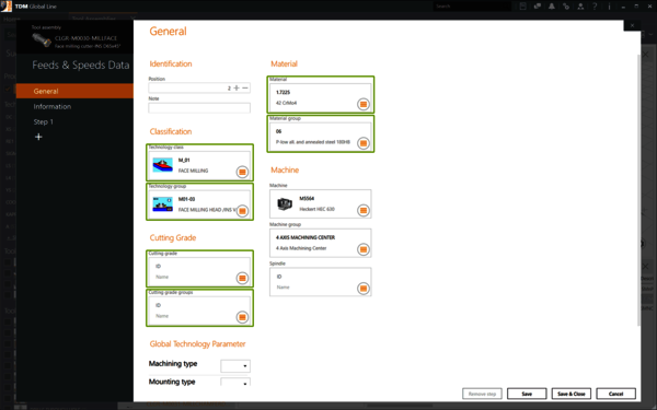 Feeds & Speeds Data in TDM Global Line.