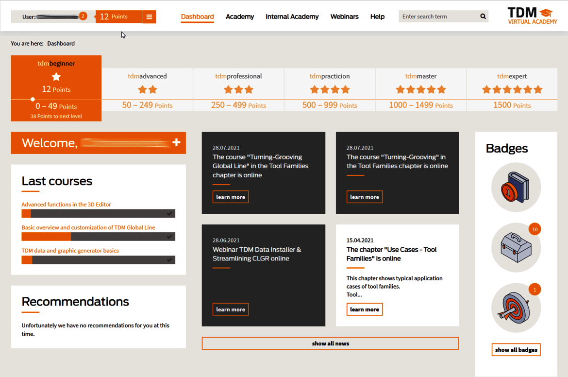 TDM Virtual Academy - Dashboard