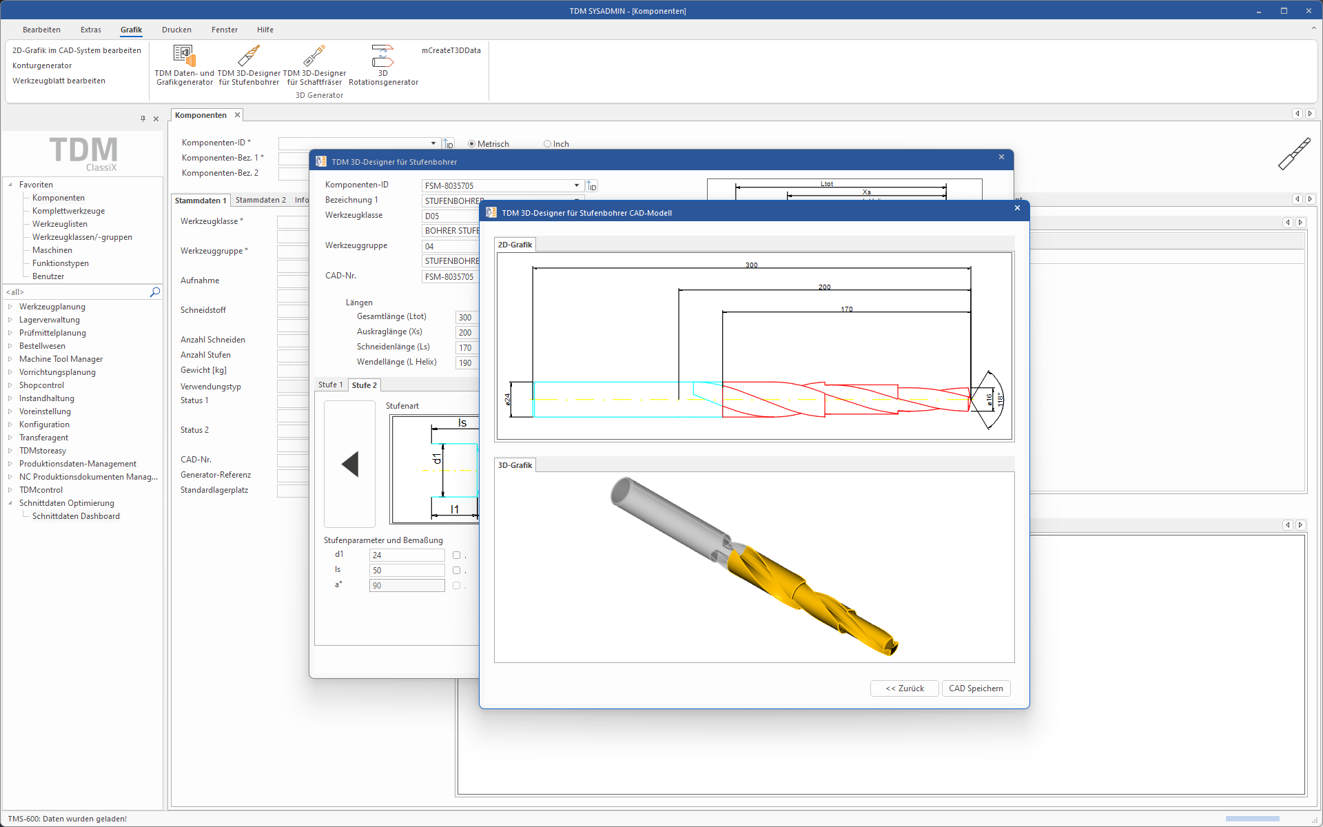 Mit TDM 3D Sonderwerkzeug generieren - TDM 3D-Designer für Stufenbohrer - CAD Modell. (Bildschirmansicht)