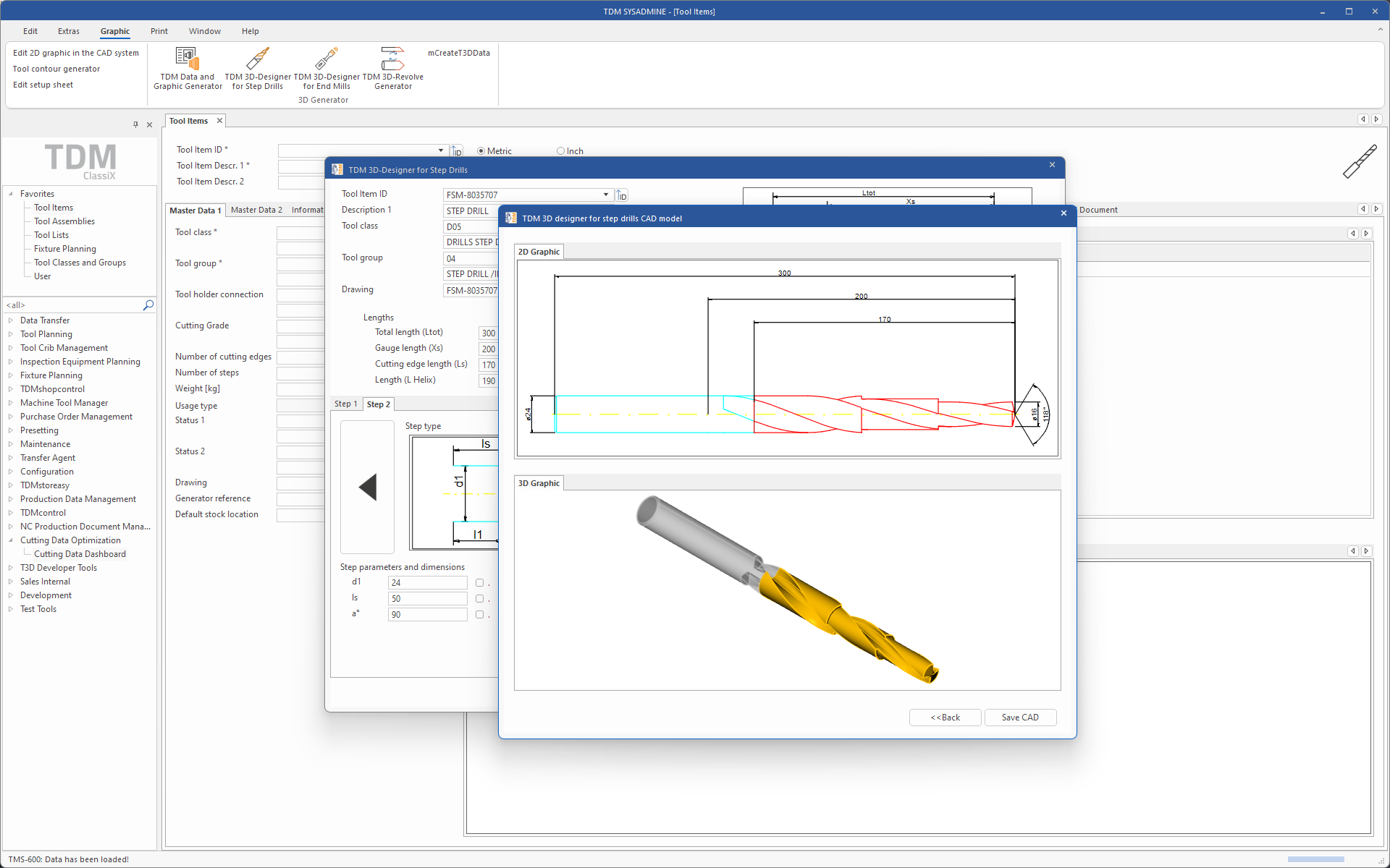Générer un outil spécial en 3D avec TDM - TDM 3D Designer pour les forets étagés - modèle CAO. (vue de l'écran)