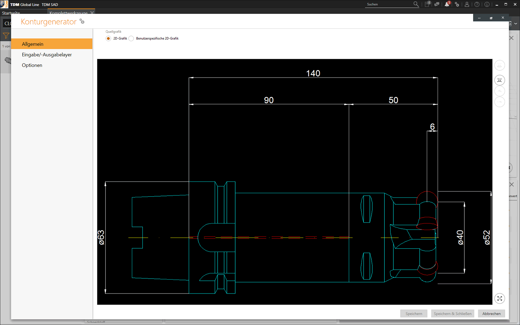 Rotierende Werkzeuggrafiken mit dem TDM Hüllkonturgenerator erstellen- 2D-DXF-Werkzeuggrafik. (Bildschirmansicht)