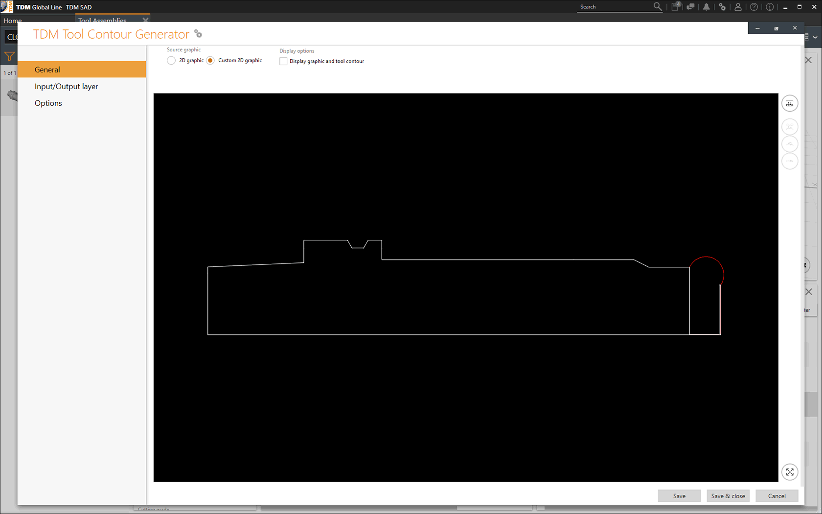 Créez des graphiques d'outils rotatifs avec TDM Générateur de Contours - contour d'outil 2D. (vue d'écran)