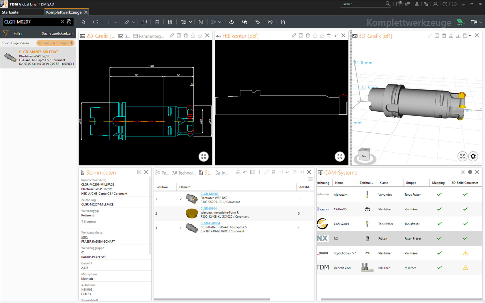 Rotierende Werkzeuggrafiken mit dem TDM Hüllkonturgenerator - 3D-Modell und Hüllkontur. (Bildschirmansicht)