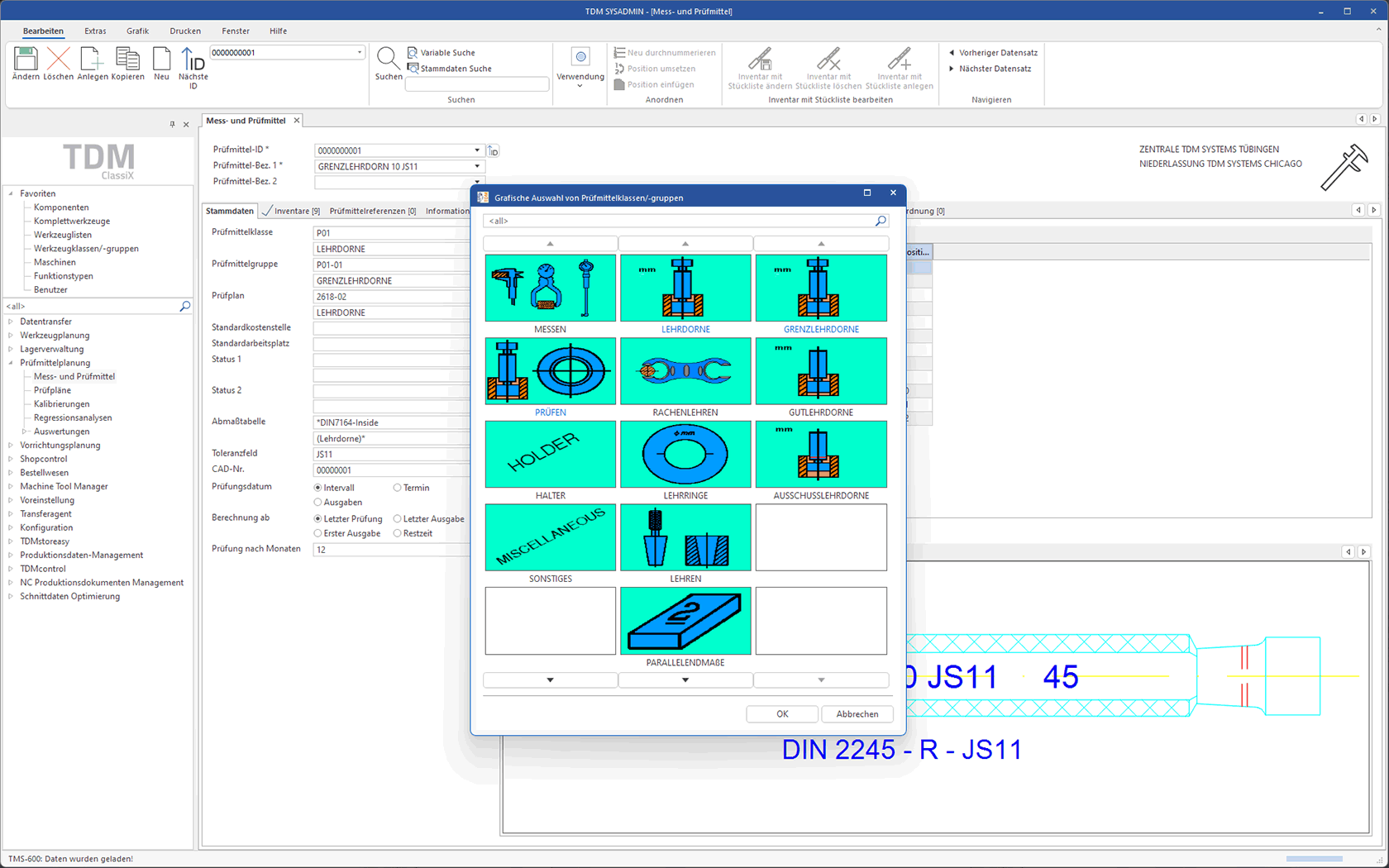 Bildschirmdarstellung der TDM Mess- und Prüfmittel Software - grafische Auswahl.