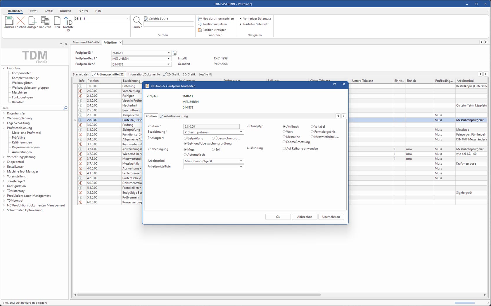 Bildschirmdarstellung der TDM Mess- und Prüfmittel Software - Prüfpläne.