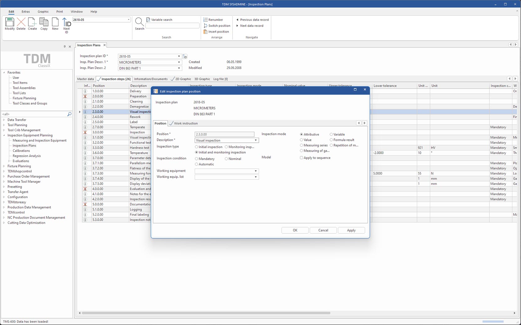 Capture d'écran du logiciel TDM Module d'Instruments de Mesure et de Contrôle - plans de contrôle