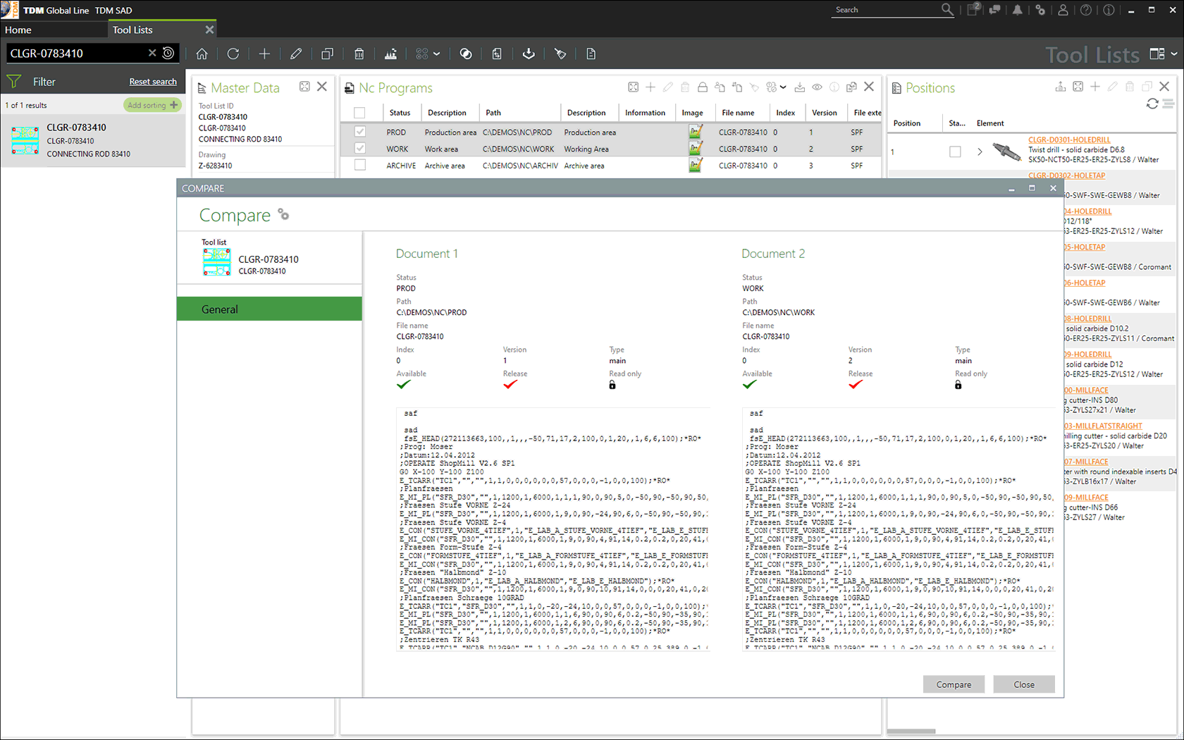 Confrontare le liste di utensili nel TDM Integrated NC Program Manager.