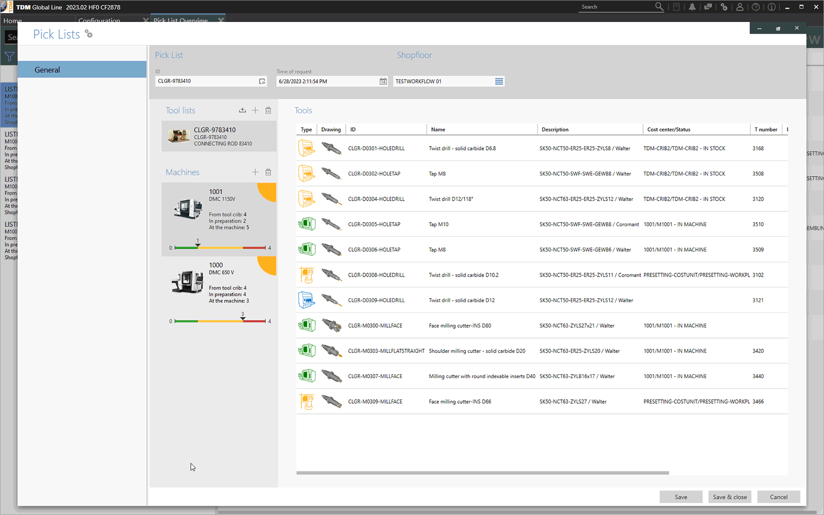 Screen view TDM Shopfloor Manager Global Line - Production Organization Tools - Tool Requirements Calculation.